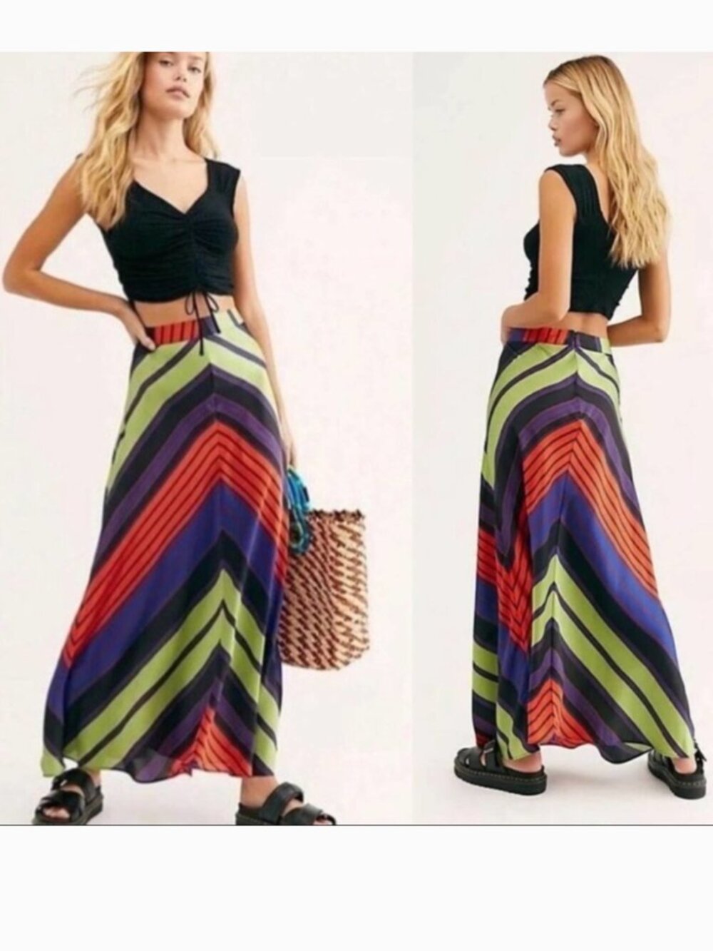 Free People Rio Multi Colored Chevron Striped Silky Maxi Skirt Women's 12